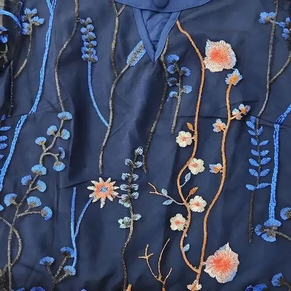 Floral Embroidered Mesh Blouse Women’s Small Blue Sheer Sleeve Top Boho Romantic - Picture 6 of 9